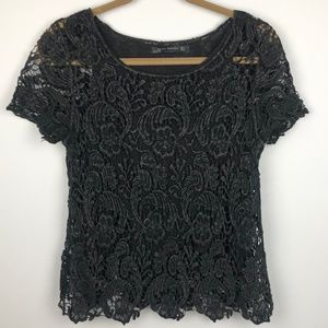 Zara Woman Black Lace Short Sleeve Top Size Medium